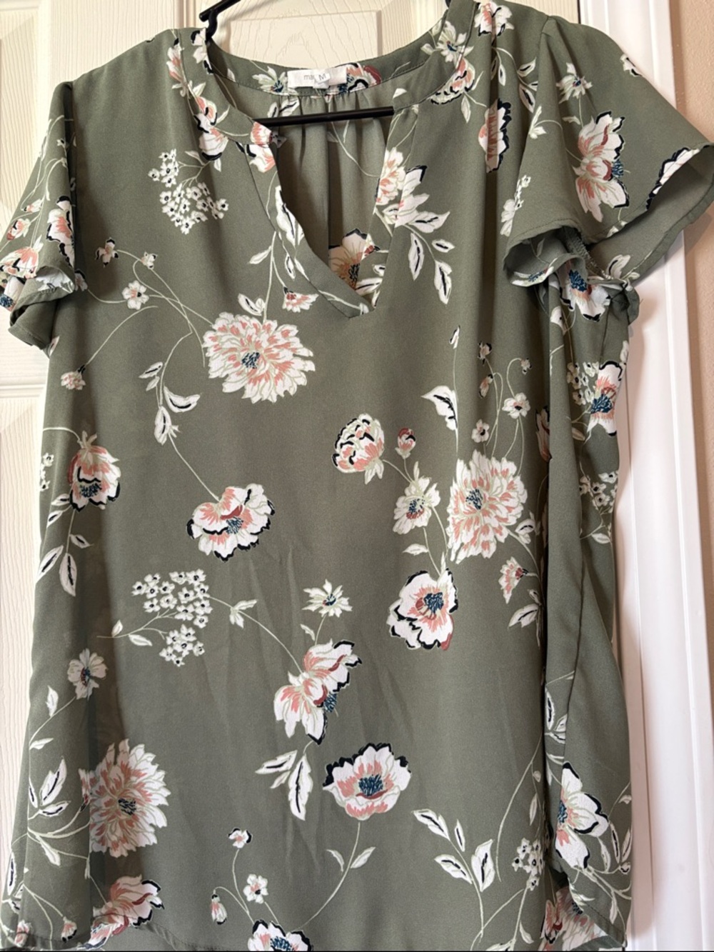 Maurices Olive Green Floral V-Neck Flutter Sleeve Blouse